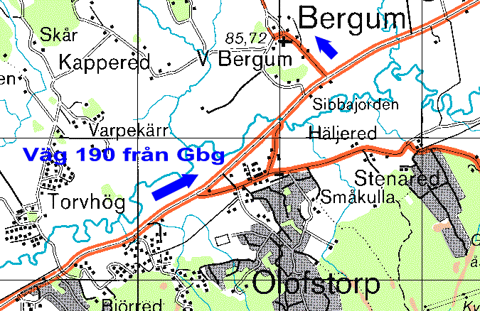 Sväng av väg 190 mot Bergums kyrka.